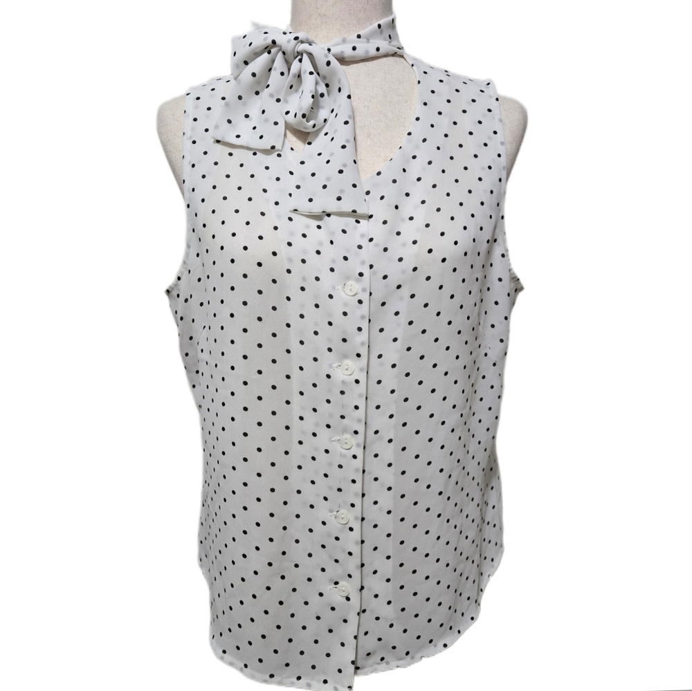MARSEL Vintage Polka Dot Tie Neck Blouse Sz 14 White Black Sleeveless Button Up